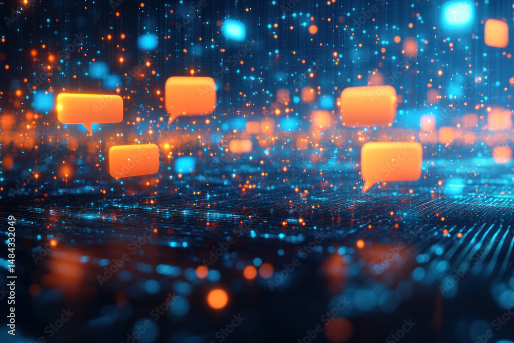 Poster a computer screen with a lot of orange and blue dots and a few orange speech bubbles. the speech bub