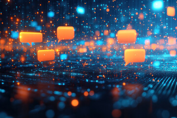 A computer screen with a lot of orange and blue dots and a few orange speech bubbles. The speech bubbles are in different sizes and are scattered throughout the screen. Scene is chaotic and busy