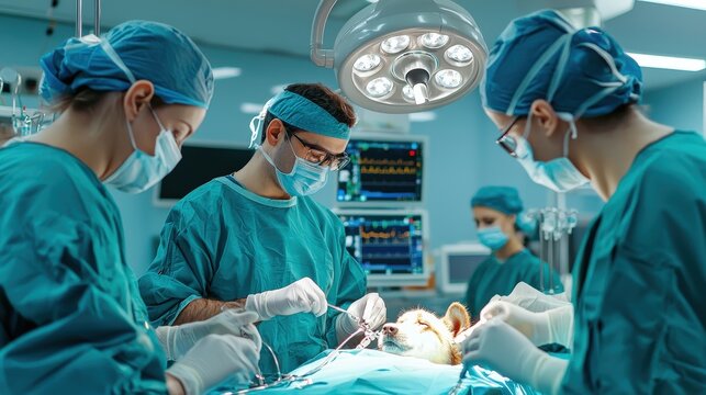 Surgical team wea masks and gowns perform an operation on a dog under bright medical lights in a sterile operating room with monito equipment.