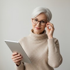 Portrait of a Mature Woman with Glasses Using a Tablet,  A Serene and Confident Expression, Neutral Background