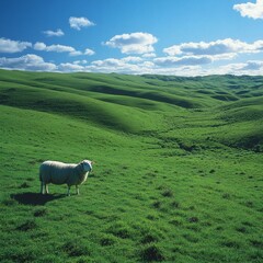 Fototapeta premium Sheep Standing Alone in Lush Green Landscape under Blue Sky
