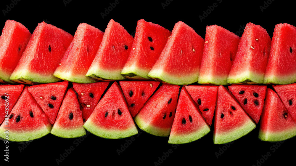 Aufkleber a row of watermelon slices are arranged in a line. the slices are green and red, with the red slices