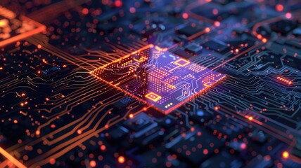 Abstract picture particle in complex circuit with digital technology style design and the electric light graphic show dynamic movement represent processor of chip algorithm process on computer. AIG53.
