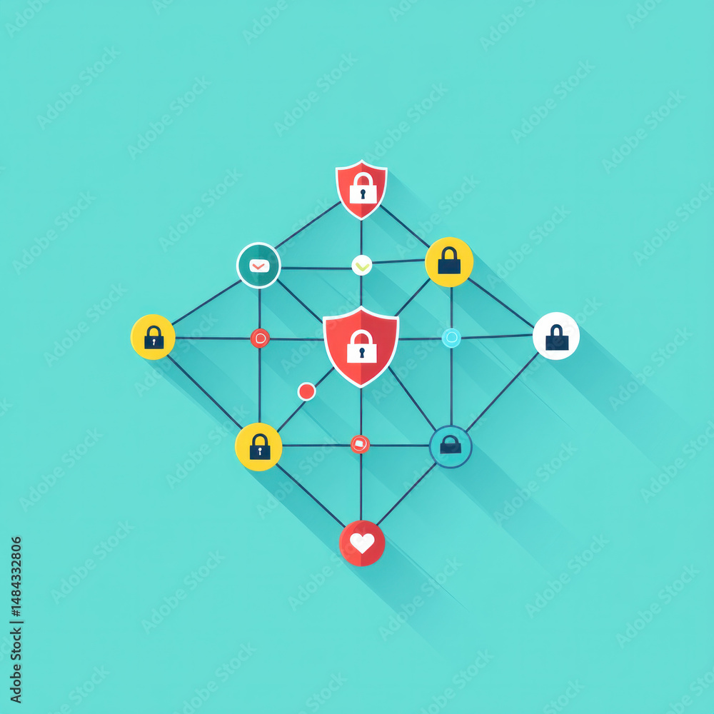 Poster a network of people with a red shield in the middle. the shield is surrounded by a blue background