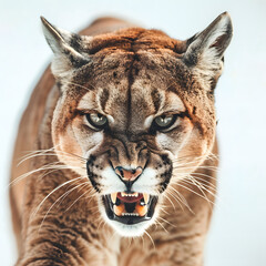 Obraz premium Intense Puma Staring Directly with Bared Teeth and Fierce Expression on White Background