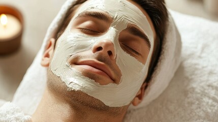 A man with a white towel on his head, lying on a white pillow, with a white mask on his face, closed eyes, and a white candle in the background.