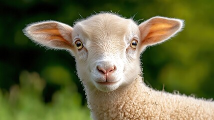 Obraz premium A charming close-up captures the serene gaze of a young lamb, its soft fleece and endea expression set against a lush, verdant backdrop in nature.