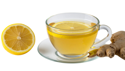 Ginger and lemon with refreshing drink on white background
