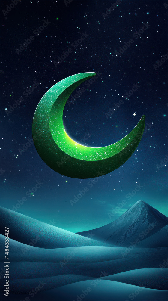 Poster a green moon is floating in the sky above a snowy mountain. the image has a dreamy, ethereal quality