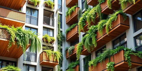 Modern apartment building with wooden balconies overflowing with vibrant greenery, urban,  apartment complex