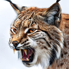 Side Profile of a Roaring Lynx, Capturing Its Aggressive Expression and Powerful Jaws