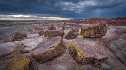 Timeworn Sentinels: Fossilized Timber Scattered Across Striated Earth, Storm Clouds Gathering