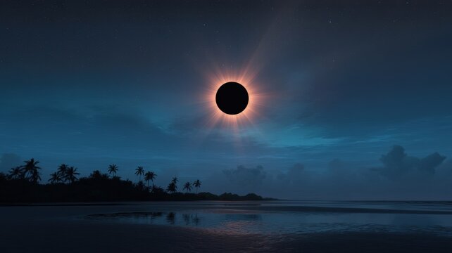 Umbral Majesty: Sun's Corona Ablaze Above A Tranquil Tropical Nocturne Seascape