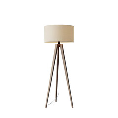 Modern Tripod Floor Lamp with Beige Shade and Wood Legs on Transparent Background
