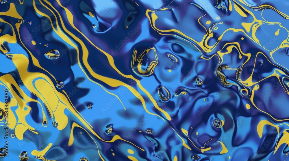 Poster abstract fluid shapes in blue and yellow with confetti. digital 3d rendering art of yellow and blue 