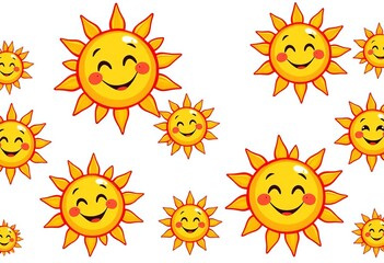 Multiple cheerful cartoon suns with smiling faces and sunbeams, set against a plain background, element, emoji