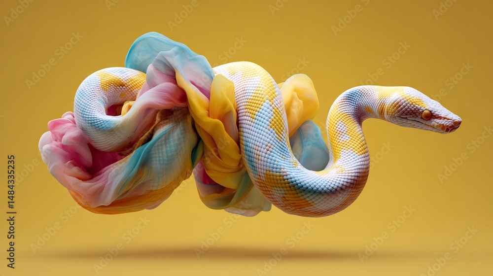 Poster artistic depiction of a snake intertwining with colorful fabrics against backdrop