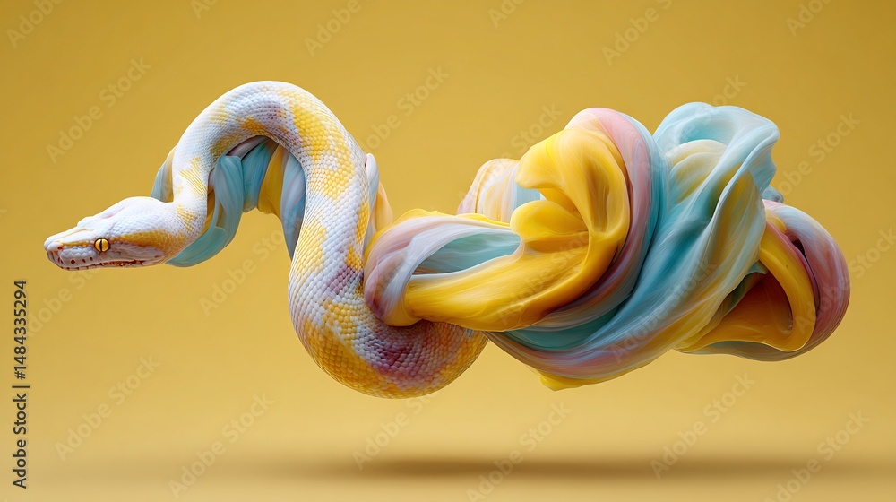 Poster surreal composition of a snake intertwined with colorful sculpted fabric flow
