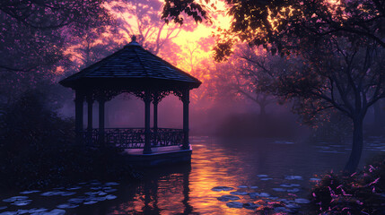 Fototapeta premium A serene twilight gazebo offering a peaceful refuge between day and night, bathed in soft, calming light. nightfall. illustration. [Seraphic Depths] | Glow Sanctuary | light refuge. Illustration