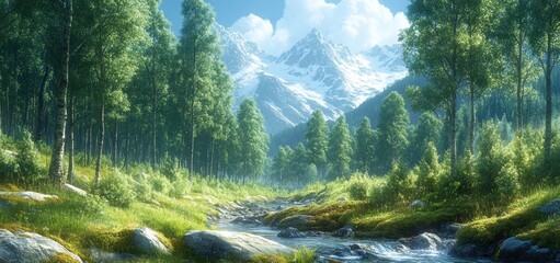 Serene Mountain Stream: A Digital Painting of a Tranquil Forest Landscape