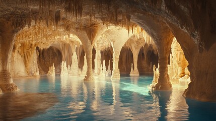 Sunlit cave with turquoise water