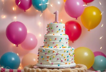 One-tiered cake, colorful balloons, fairy lights, first birthday theme, adorable, candles