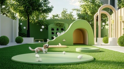 A playful puppy curiously explores a whical dog park with green play structures and scattered white balls on a sunny day filled with joyful canine adventure.