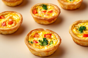 Miniature savory tarts with colorful fillings.