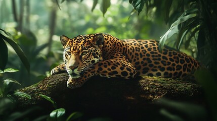 Jaguar's Serene Gaze: A Lush Rainforest Portrait