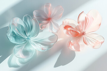 Delicate glass flowers with translucent petals rest on a soft pastel surface, casting gentle shadows in natural light.