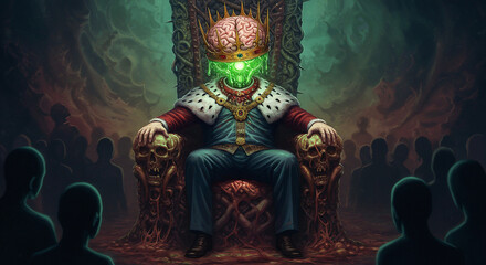 Concept of Toxic Mind King with Glowing Brain on Throne Ruling Crowd - Dark Fantasy Art