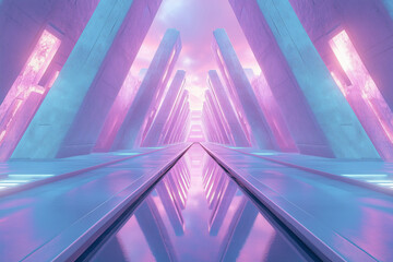 A surreal futuristic temple structure in pastel pink and blue, glowing under ambient sky light.