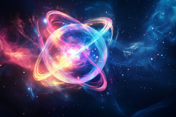 A vibrant futuristic atom-like shape with glowing orbiting rings floating in colorful deep space.