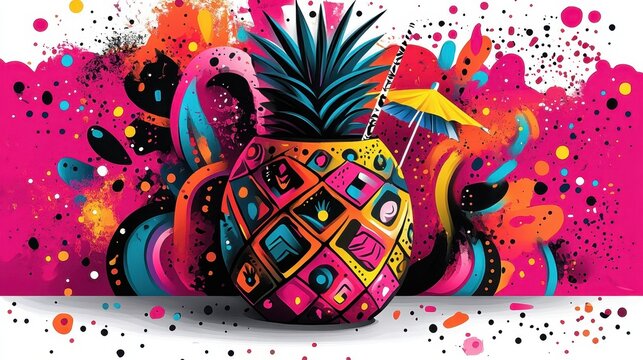 Abstract summer pineapple art vibrant tropical fruit illustratio