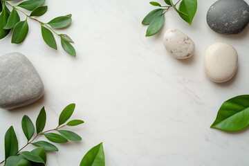 Minimalist flat lay of smooth zen stones and green leaves on a white marble surface, ideal for spa or wellness-themed designs.