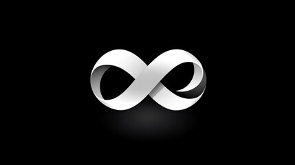 Abstract white logo on a black background, an infinity symbol or infinite sign with two intertwined shapes.