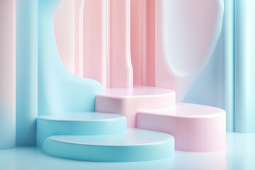 Minimal 3D pastel steps with flowing geometric shapes in soft pink and blue tones.