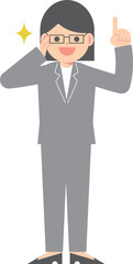 人差し指を立てるメガネをかけたスーツ女性
