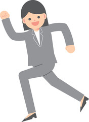 笑顔で走るスーツの女性