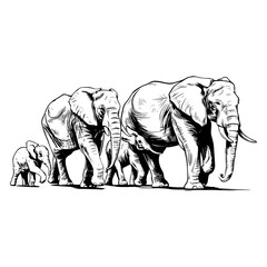 Fototapeta premium Group of elephants walking in a line with baby elephants on a white background in simple black and white line drawing showing animal family and wild nature love and care