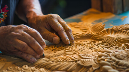 Close up of hands carving intricate floral design into light brown wood with small tool used