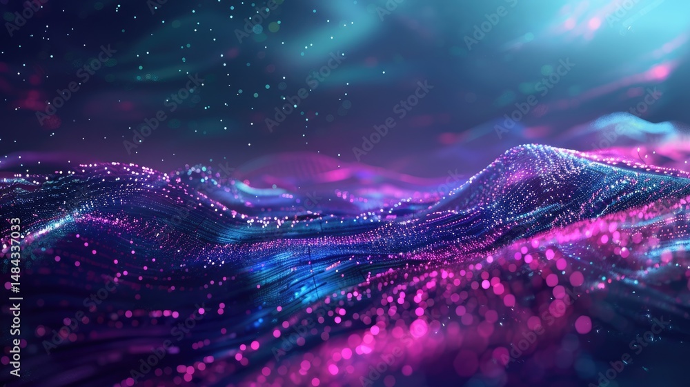 Poster abstract picture micro light sparkling particle represent data flow. vivid flowing wave with high te