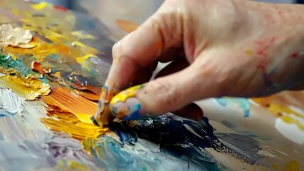 Close-up of an artist's hand blending vibrant paint colors on a canvas with abstract patterns - Powered by Adobe