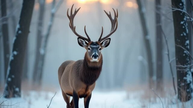 A majestic deer with antlers stands in a snowy forest, illuminated