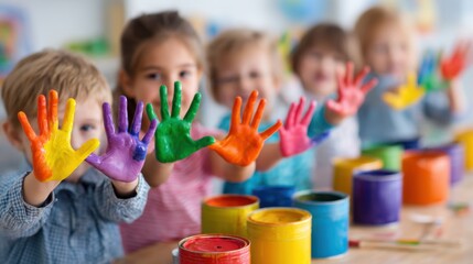 Group of kids painting with hands in preschool classroom