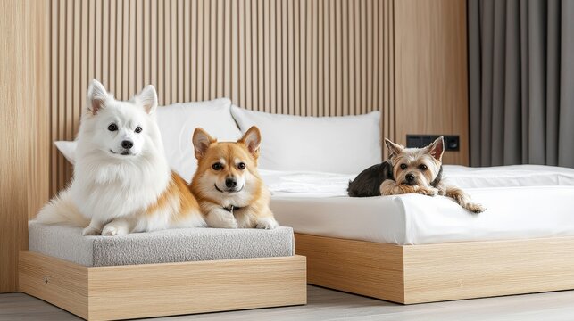 Three adorable dogs, a white spitz, corgi, and yorkie, peacefully resting on their modern minimalist pet beds in a bright, stylish bedroom setting indoors. - Powered by Adobe