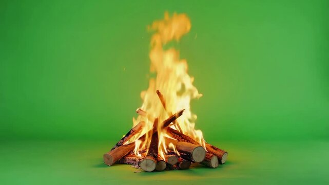 Full shot, Loop a campfire with logs burning brightly against a green screen background