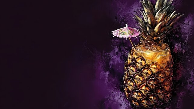 Exotic tropical pineapple fruit with artistic purple splash back