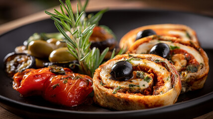 Delicious italian appetizer platter with olives tomato and rolls for restaurant menu food photography 