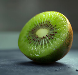 Cleanly Halved Kiwi Fruit with Water Droplets on a Dark Reflective Surface